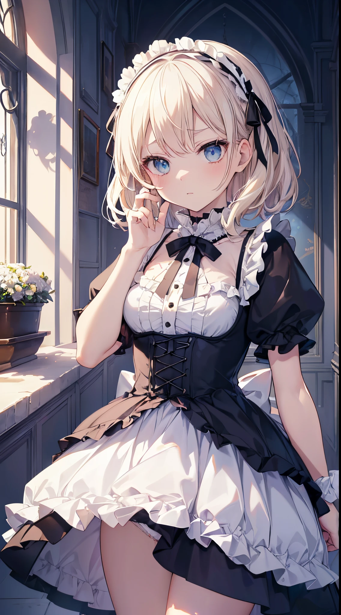 (masutepiece, Best Quality:1.2), 8K, 85 mm, Official art, Raw photo, absurderes, Platinum Blonde Hair, (Blue eyes, Lolita Fashion, sweetlolita, Gothic, Dress:1.2), Idol face, Upper body, Beautiful Girl, gardeniass, Copenhagen, Short sleeve, Elegance, Sophisticated, gardenia, Looking at Viewer, Film grain, chromatic abberation, Sharp Focus, face lights, Dynamic lighting, Cinematic lighting, embarassed expression, (((tucking up the skirt、White panties are visible)))、Beautiful and perfect legs, Clean and perfect hands