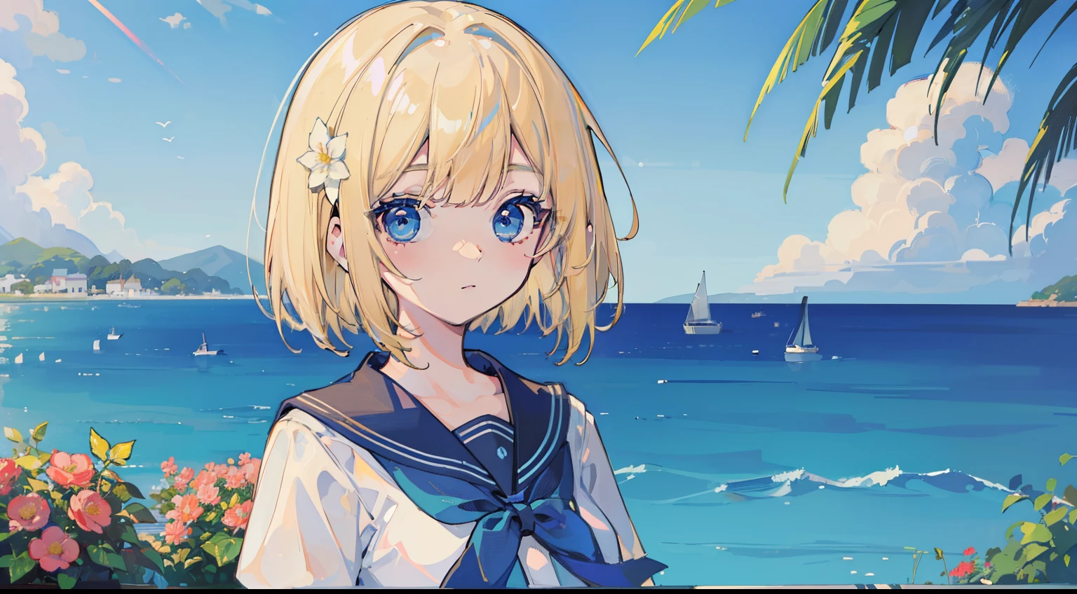 (Top Quality), (Masterpiece), (a perfect face), (Ultra-detailed), 2girlblond hair, bob cut, blue eyes, sailor suit, Cute, kawaiiver hair, Short hair, asymmetrical bangs, blue eyes, sailor suit, Cute, Kawaii), (Summer sky, flower garden overlooking the sea)