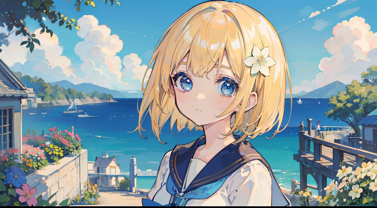 (Top Quality), (Masterpiece), (a perfect face), (Ultra-detailed), 2girlblond hair, bob cut, blue eyes, sailor suit, Cute, kawaiiver hair, Short hair, asymmetrical bangs, blue eyes, sailor suit, Cute, Kawaii), (Summer sky, flower garden overlooking the sea)