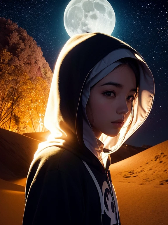 Paisagem surreal com um brilho lunar, featuring a hooded silhouette with faceless features. The silhouette is highlighted with glyphs and bright symbols, enfatizado pelo grande capuz e longas garras do personagem.