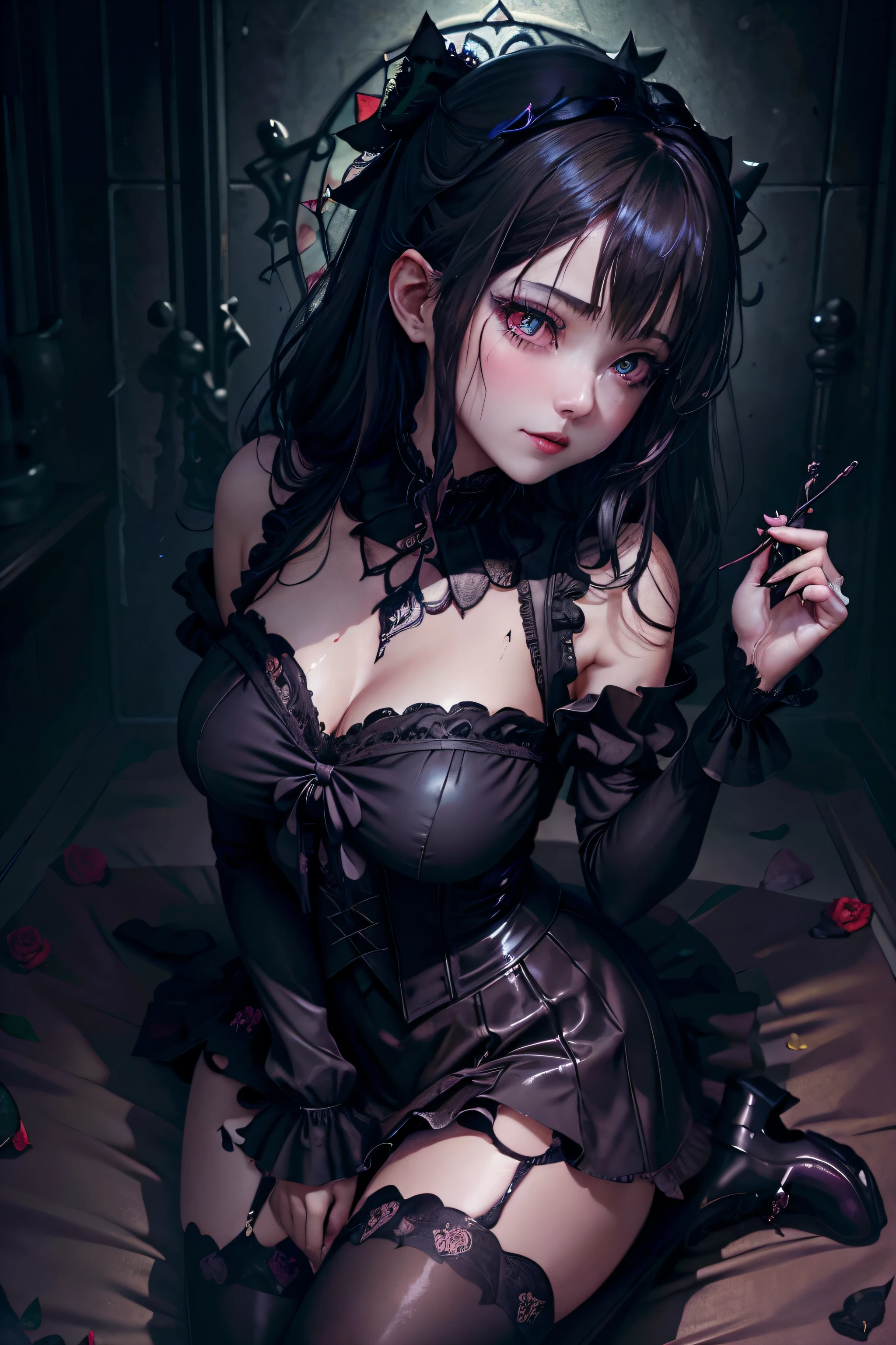 Hard Dark Gothic Makeup、Maniacal、Deep night sky、horor、Black Dark Eyeshadow、crying how bright、mourn、Good skin luster、Dark Gothic Makeup、Dark smile、Restless Palace、Expressions of sexual arousal、Fragrant beauty、22year old、Lying、seductiv、Strong sexual pleasure facial expressions、A look of shame、Dark Gothic、Gothic ta、bell sleeves、Wizard Sleeve、Obscene look、Stained glass background、masutepiece、Best Quality、Refers to 5 books、Sweat glitters on my chest、Expression of sexual pleasure in anguish、Drunken face、maid clothes、Mysterious、noble、Face holding back the toilet、the body is wet and shiny、Transcendent sex appeal、Lots of glitter on the thighs、I'm sweating a lot、Affectionate smile、twin-tail hair、my thighs are so wet、jet black ruffle skirt、right blue eye, left eye is red、Gothic bed covered with roses、Transcendent Bewitching Pose、stick out buttocks、knee high socks、thigh-high socks、A lot of sweat and stickiness on the thighs、Plenty of plump, shiny thighs、Sweat shining generously on the thighs、The whole body is shiny with sweat、platform heel shoes、Quite sweaty、My thighs are sweaty、heavy make up、breast size modest、black lipstick、stain glass、black metal world、sloppily open your legs、Beautifying the world、sit on a bed of roses、Goth lolithes、put your hair up、a little slender、super dark pink hair、Long hair straight hair、cute gothic lolita d、美丽的面容、Elegant face、Bewitching look、