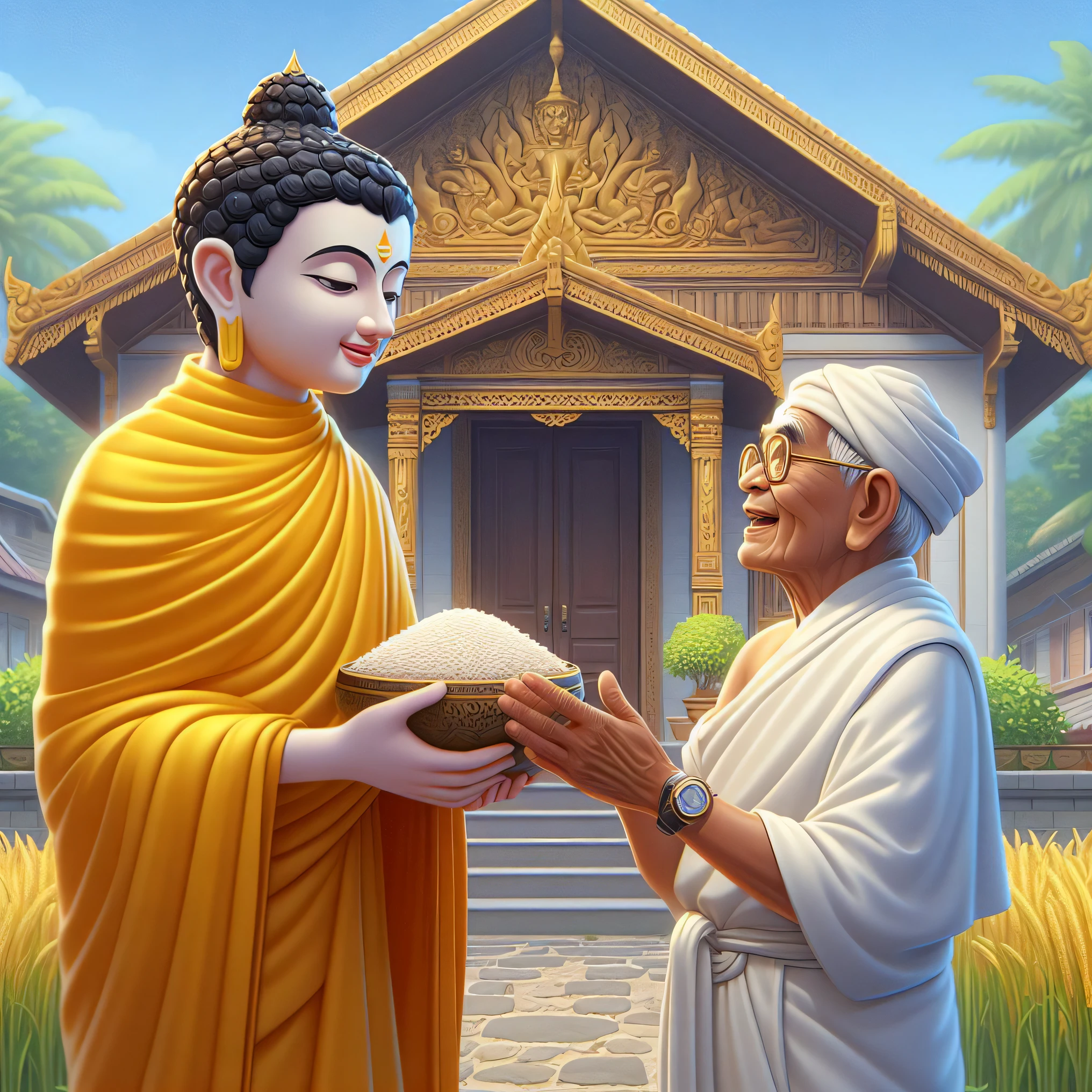 there is a painting of a man handing a woman a bowl, buddhism, buddhist, love of wisdom, temple background, by Wayne England, buddhist art, dharma artifacts, in a temple, amazing depth, begging for alms, on the path to enlightenment, avatar image, on path to enlightenment, buddha, serene expression