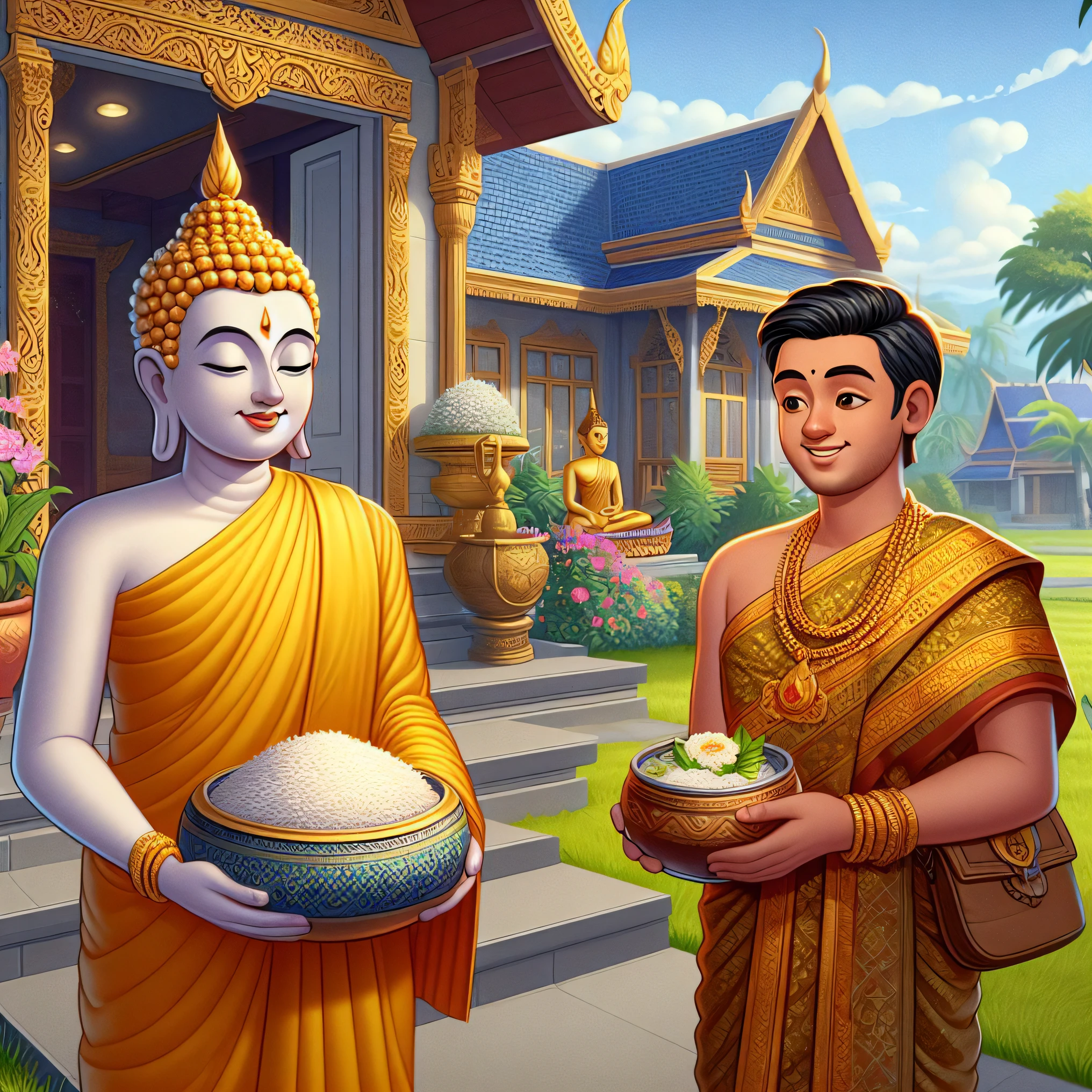 there are two men that are holding food in their hands, thailand art, buddhism, tithi luadthong, buddhist art, temple background, nivanh chanthara, vietnamese temple scene, patiphan sottiwilaiphong, buddhist, buddhist temple, thai temple, thawan duchanee, buddha, profile picture 1024px, the buddha