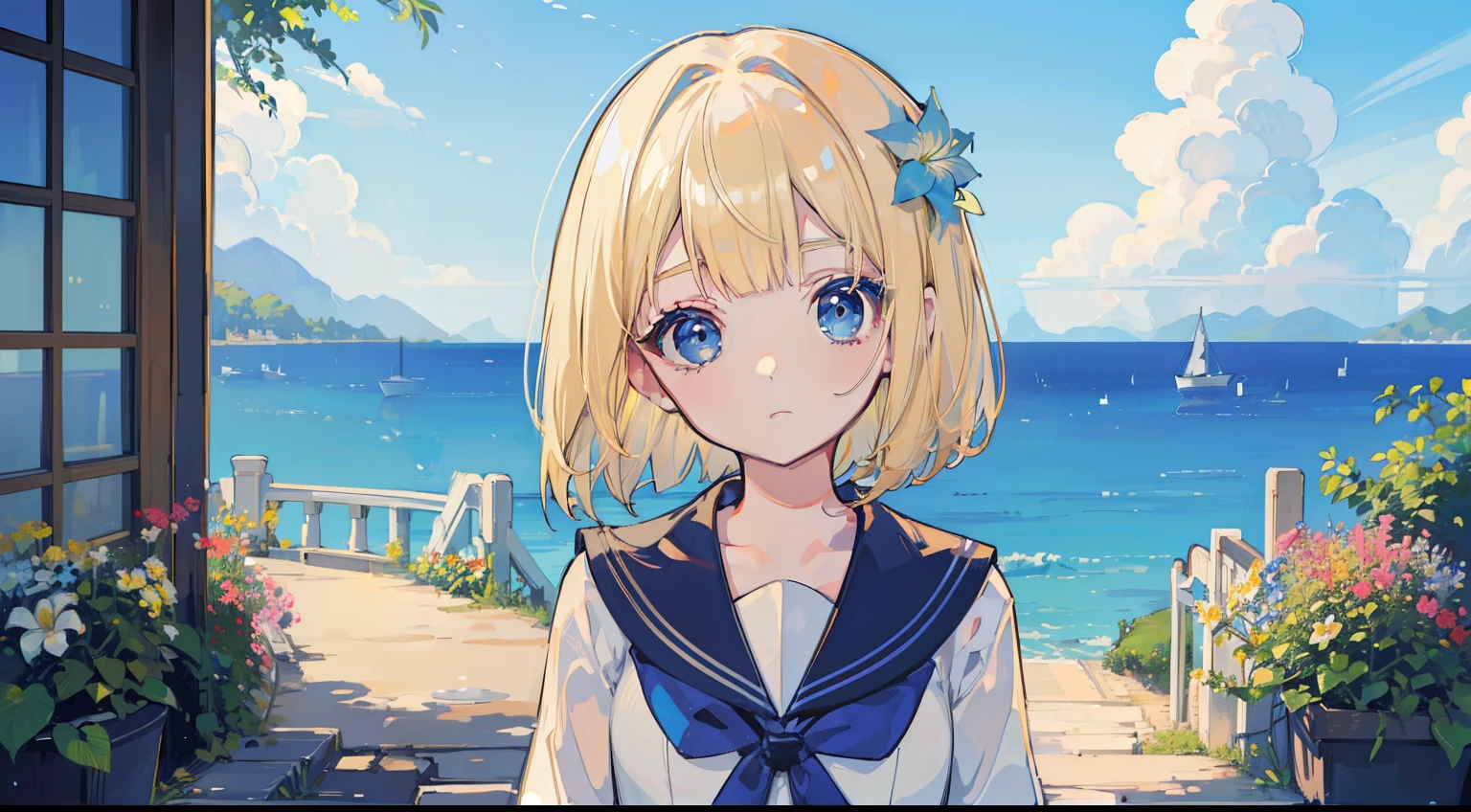 (Top Quality), (Masterpiece), (a perfect face), (Ultra-detailed), 2girlblond hair, bob cut, blue eyes, sailor suit, Cute, kawaiiver hair, Short hair, asymmetrical bangs, blue eyes, sailor suit, Cute, Kawaii), (Summer sky, flower garden overlooking the sea)