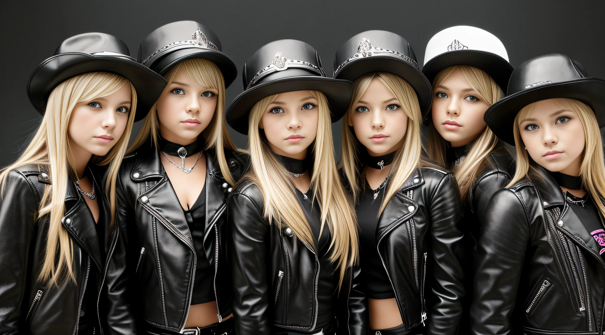 image of a group of 4 BLONDE GIRLS with hats and LEATHER jackets, 2 0 0 6 advertising promo shot, close up armas e rosas, foto promocional, foto promocional, in style of chrome hearts,