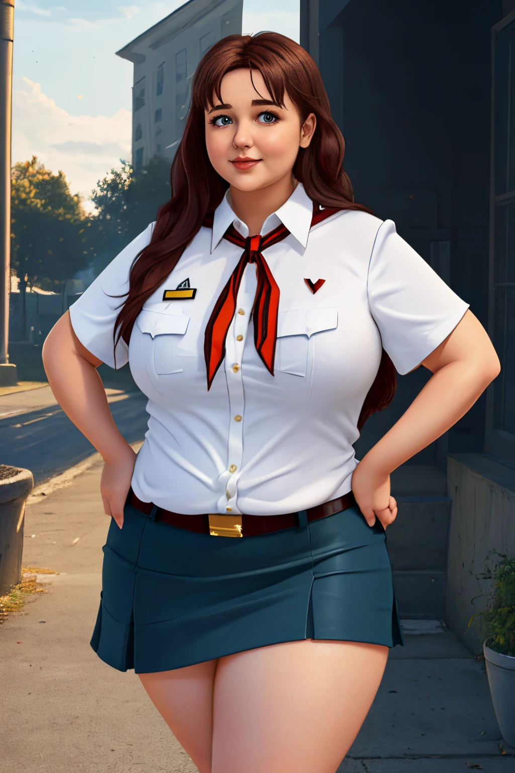 masterpiece, (photorealistic), (8k wallpaper) , (best quality), perfect quality, solo, (detailed eyes:0.9), girl, Olga Dmitrievna, red hair, eating donut, small smile, very young, face : (very young, European, very beautiful face, young). figure : (very full figure, curvy, very plump, (very chubby), very chubby belly, love handles, muffin top, (very chunky),very soft, very thick, sexy, sexy pose, fat, fat rolls, belly rolls, fat thighs). clothes: ( short miniskirt, very tight uniform, very tight shirt).