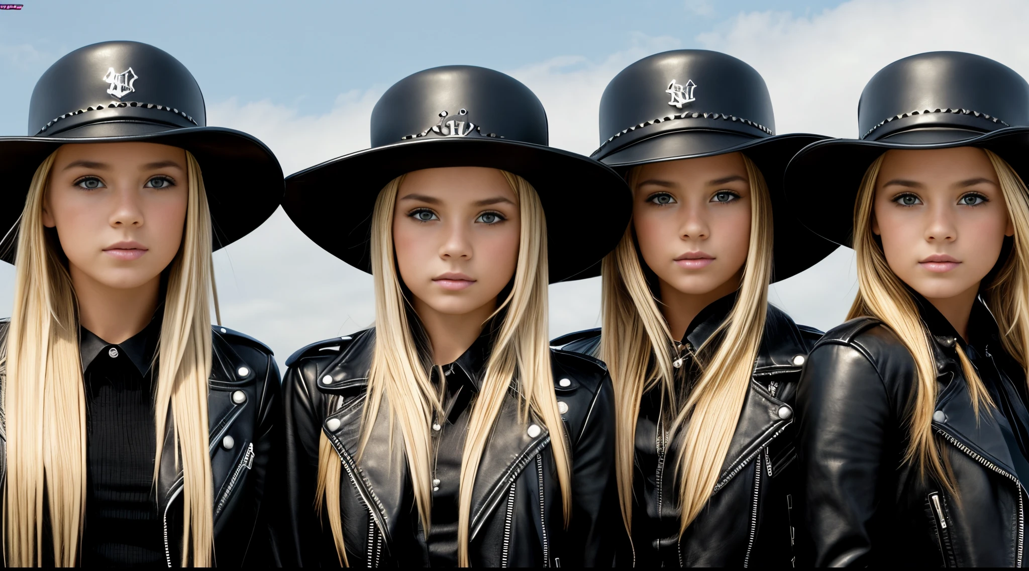 image of a group of 4 BLONDE KIDS GIRLS with hats and LEATHER jackets, 2 0 0 6 advertising promo shot, close up armas e rosas, foto promocional, foto promocional, in style of chrome hearts,