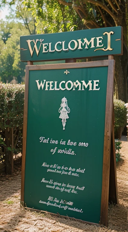 Create a fairytale-inspired welcome sign, featuring dreamy fonts, magical elements, and a three-legged pedestal, transporting guests into a whimsical storybook world at the entrance.