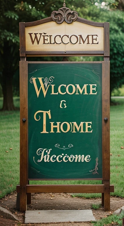 Create a fairytale-inspired welcome sign, featuring dreamy fonts, magical elements, and a three-legged pedestal, transporting guests into a whimsical storybook world at the entrance.