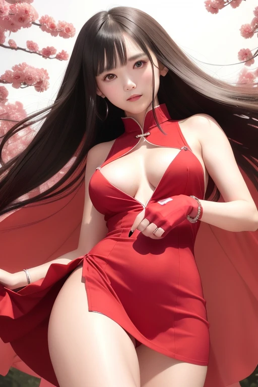 Medium length hair, backdrop of Japanese cherry scenery, (sunset) , ultra detailed, young Korean woman, (wearing elegant pearl stringed bracelet) , ((wearing pearl stringed thigh strap)), crossed legs, beautiful face, (wearing a long red sleeveless classic high collar cheongsam dress), ((hair flowing beautifully in the wind)) , perfect smooth legs, smiling, (((soft rim lighting))), wide angle, glamorous and classy, ((very short red finger nail polish)), (pair of red high heeled mary janes shoes) , posing, perfect eyes, firm large sized breasts, cherry flower ornament in her hair, arms supporting breasts, long elegant elbow gloves, (thighs), thick calves, correct anatomy, nsfw