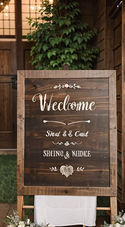 Design a wedding welcome sign immersed in rustic charm with wooden textures, delicate florals, and a handwritten script, setting the perfect scene for a countryside celebration.