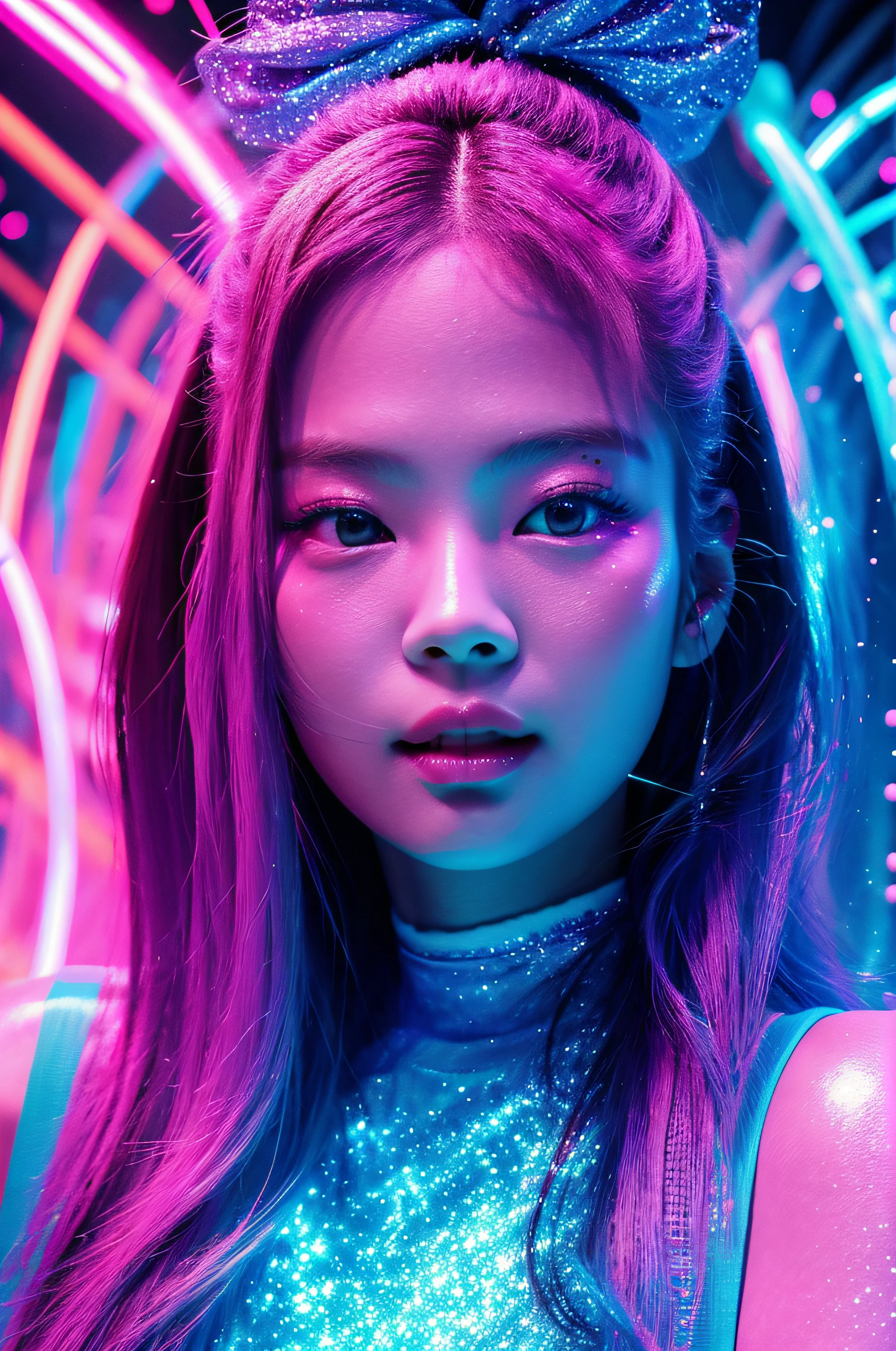beautiful 30 years old woman's face illuminated by colored lights photorealistic background bright colors Luminous neon pink and neon blue glitter dust background with pink and blue smoke vapor, Jennie kim,