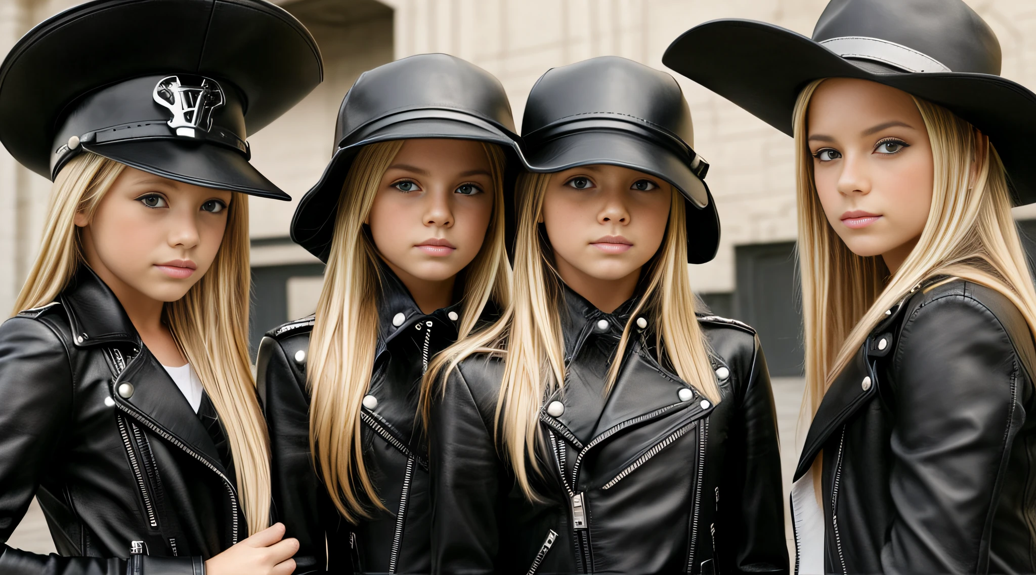 image of a group of 3 BLONDE GIRLS with hats and LEATHER jackets, 2 0 0 6 advertising promo shot, close up armas e rosas, foto promocional, foto promocional, in style of chrome hearts,