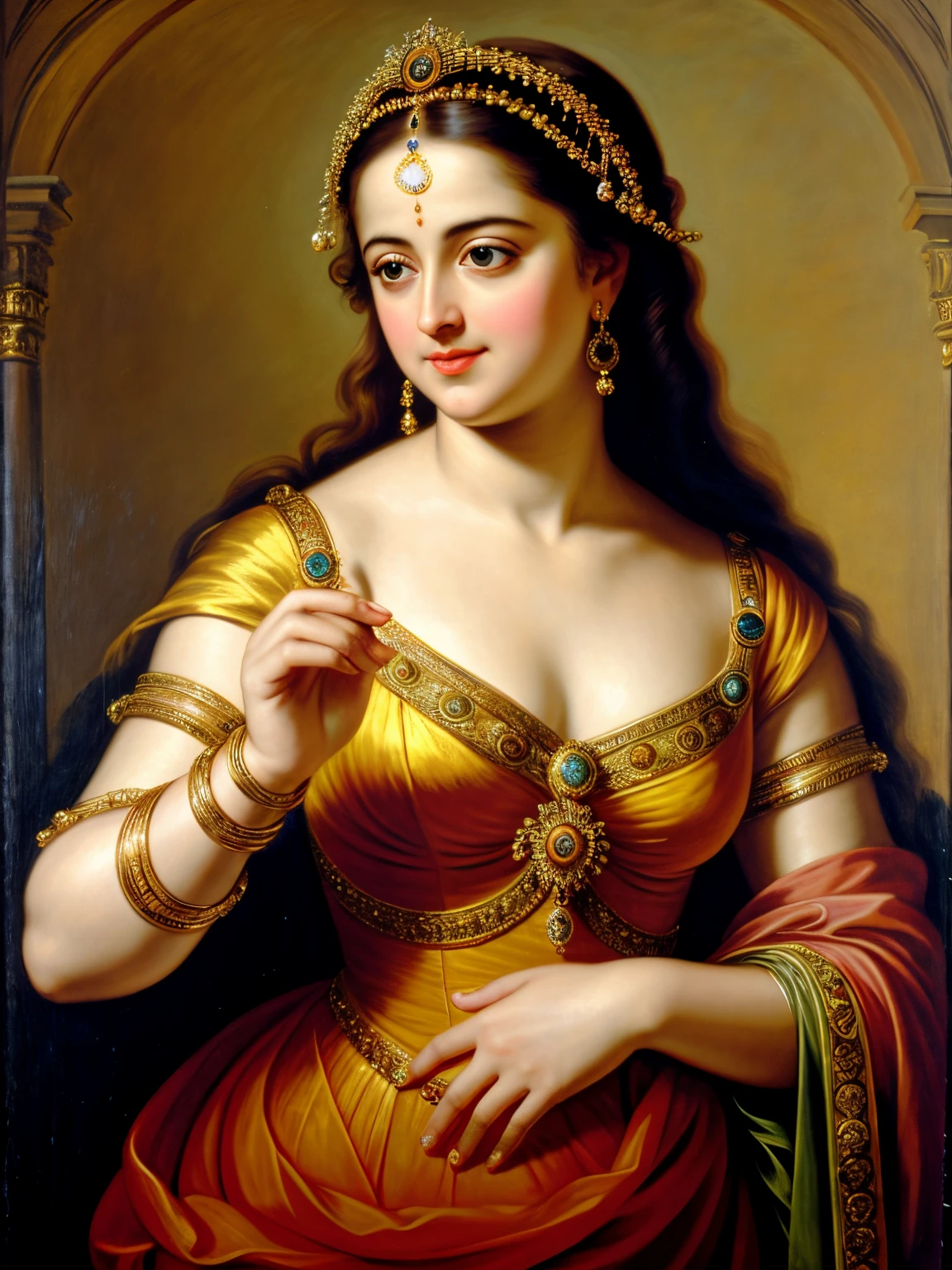 Looks like Anushka Shetty, Masterpiece, Best quality, high clarity eyes, beautifully styled hair, critically flawless,sharp picture, Full portrait, High pixels, perfect face, perfect eyes, beautiful face, perfect hands,perfect fingers, in Peter Paul Rubens style, by Peter Paul Rubens, baroque style, acrylic on canvas, highly detailed, description: "Create a nymph inspired by the tales of Greek or Roman mythology, embodying the essence of a natural element or location, and possessing a unique ability or trait that sets her apart."