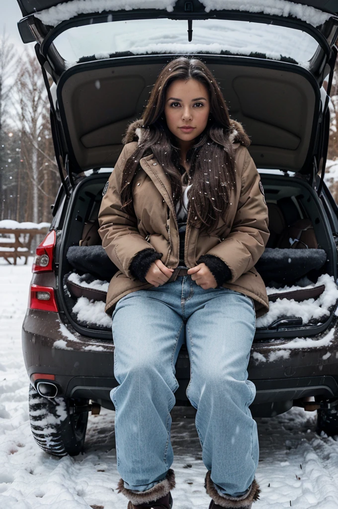 latin woman , long dark brown hair , in nature , weather is cold winter snowing , snowmobile , clothes winter coat with furr, high quality , full body picture , snowmobil , 8k , sitting on the car