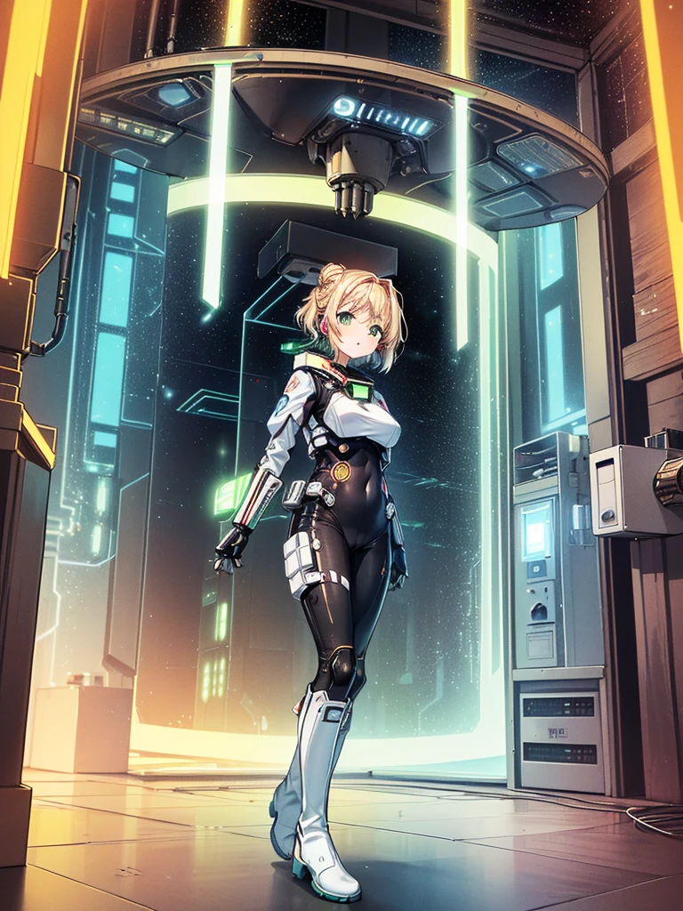 ​masterpiece:1.4, 1girl in ((20yr old, Wearing a tight, futuristic metallic white bodysuit,long boots, huge-breasted, Colorful blonde hair, Chignon,short-hair, Perfect model body, Green eyes:1.4, Wearing headphones, Flirting, Happy,  Looking out the window of the futuristic sci-fi space station、While admiring the beautiful galaxy:1.2, SFSF control room on night background:1.1, Neon and energetic atmosphere:1.2)) ((Galaxy)) ((Solo:1.6))