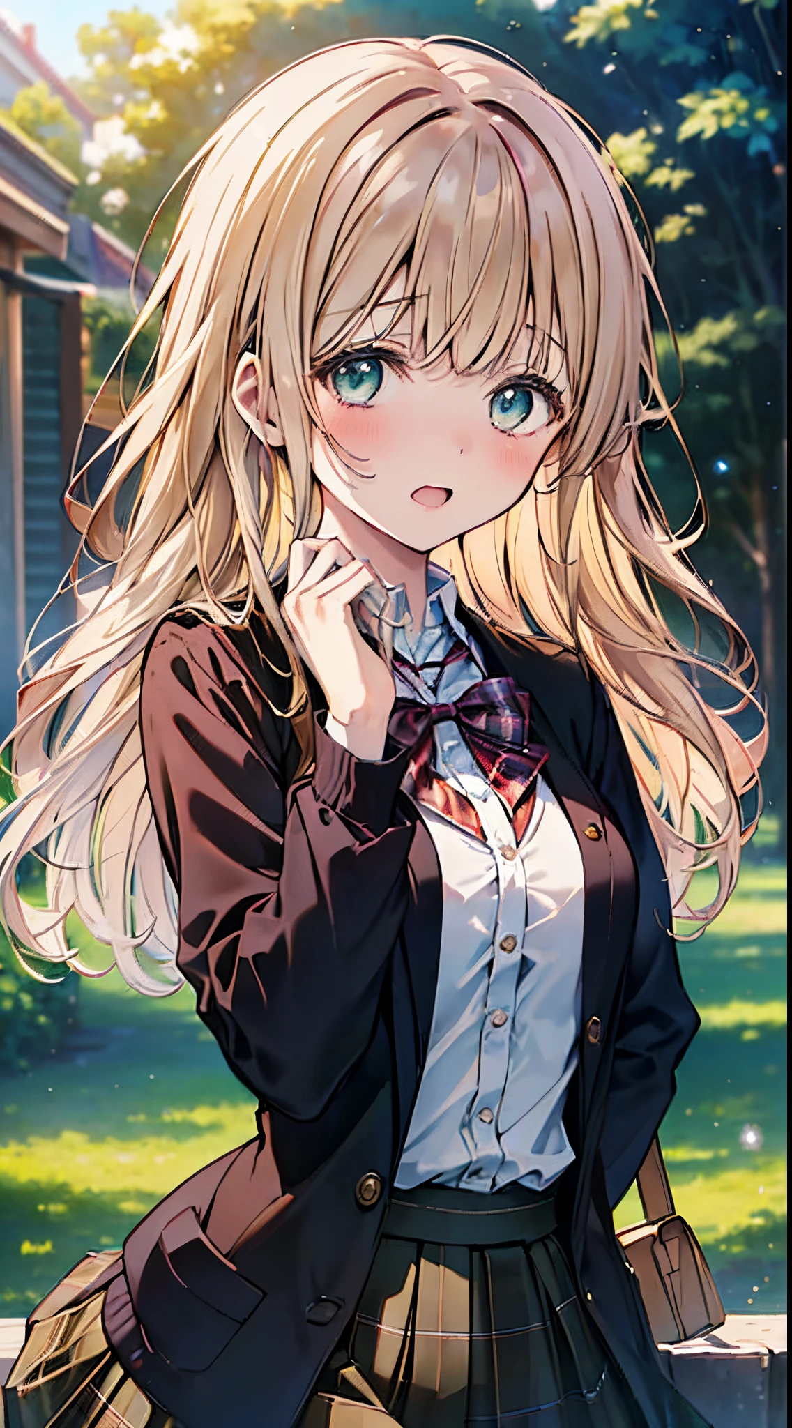 ((masutepiece, Best Quality, hight resolution, nffsw, Perfect Pixel, depth of fields, 4K, nffsw, nffsw))), 1girl in, Single, Solo, Beautiful anime girl, Beautiful Art Style, Anime Character, ((Long hair, Bangs, dark brown hair, Curly hair:0.8)), ((Green eyes:1.4, Detailed eyes, Beautiful eyes, Perfect eyes,Curly eyelashes, Realistic eyes)), ((Detailed face, Blushing:1.2)), ((Smooth texture:0.75, Realistic texture:0.5, Anime CG style)), medium breasts, Dynamic Angle, busty, Perfect body, Dynamic Pose, ((red bowtie, School uniform, Black jacket, Open jacket, Brown cardigan, White shirt, Black skirt, plaid skirts)), Smile, Open mouth, arms behind back, Leaning forward, Amulment Park, ((close up, POV, Cute, Shoot in the face))