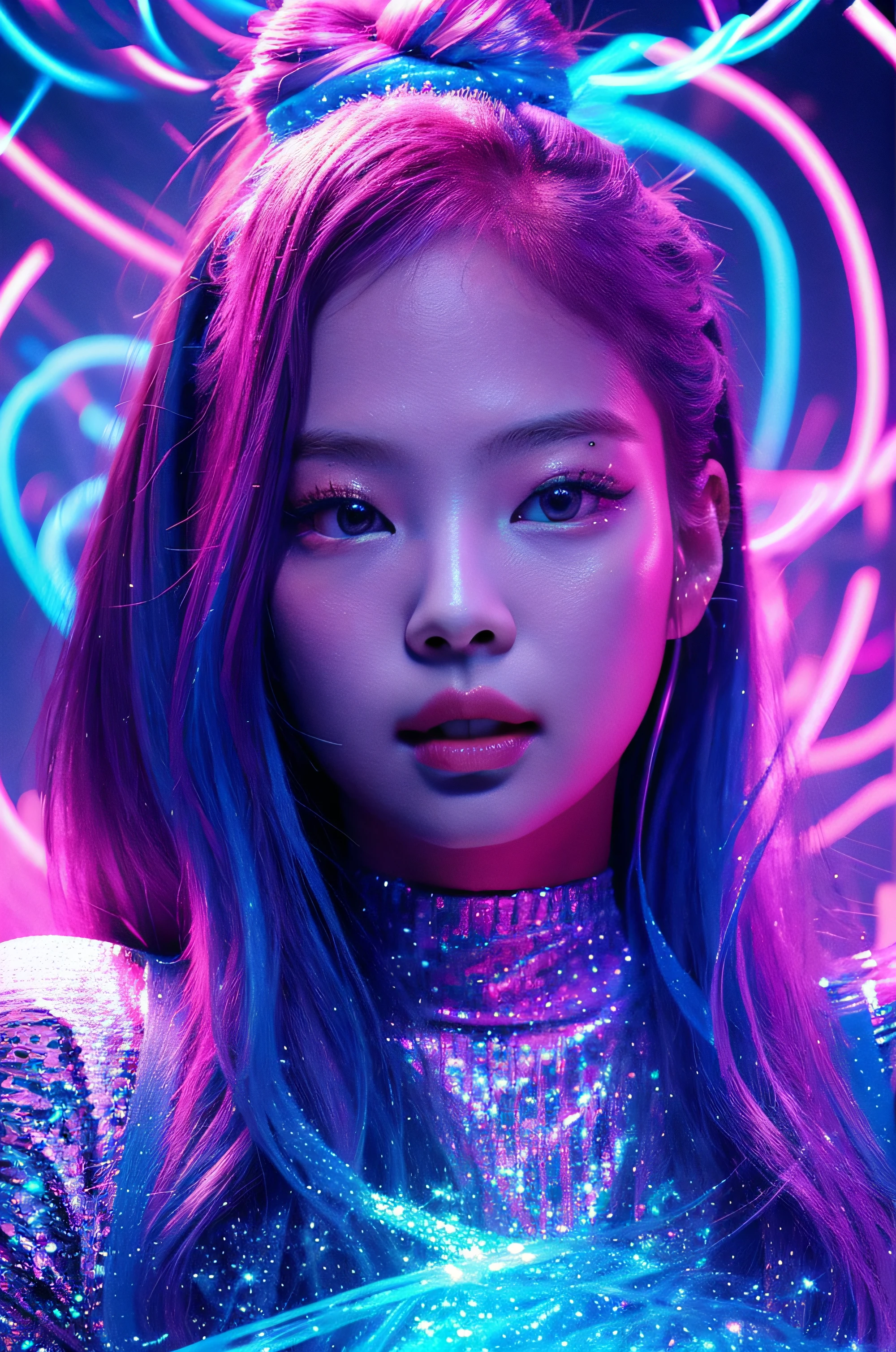 beautiful 30 years old woman's face illuminated by colored lights photorealistic background bright colors Luminous neon pink and neon blue glitter dust background with pink and blue smoke vapor, Jennie kim,