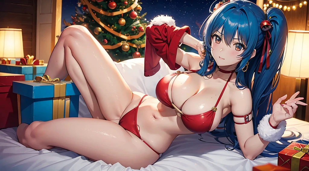 anime (Kampfer), lady , sexy (very big boobs), actress (Natsuru Senou (female form), Kaede Sakura, Mikoto Kondou, Akane Mishima, Shizuku Sango) , christmas day , red bikini , The four of them held a Christmas party at the big house.