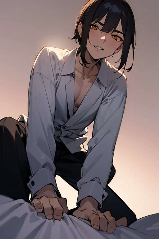 (1 Boy), solo, dark hair, (white shirt), black slacks, on sheets, Long Sleeve Shirts, kneeling, seiza, cool, (sexy:1.3), Fascinating, (evil smile), seductive smile, [open mouth], lick one's lips, (parted lips),collarbone, (shoot from below), (from below:2), sunset,(open collar), tsurime, squinting, Yellow eyes, (background: on bed in bedroom), high quality, high resolution, masterpiece,