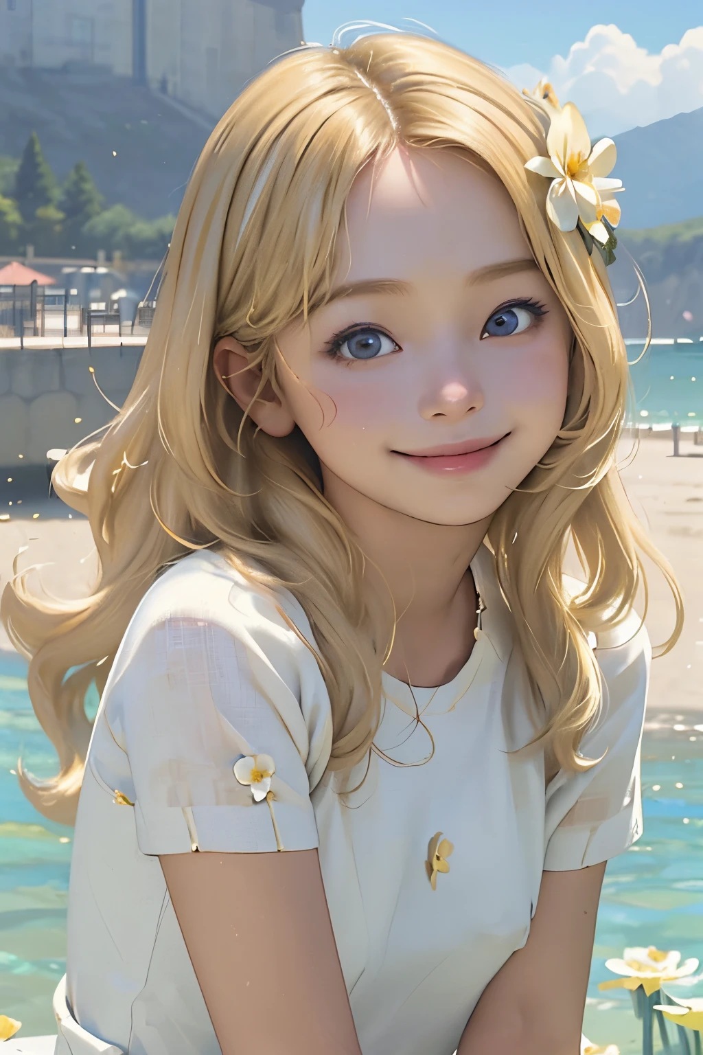 A girl enjoying the gentle breeze with a cute smile, bathed in soft light. The artwork is in high definition (HD) and has a chibi style, portraying a  with blonde hair. The girl's face is filled with happiness and the overall image has a touch of realism. The artwork is of the highest quality, with a resolution of 8K.