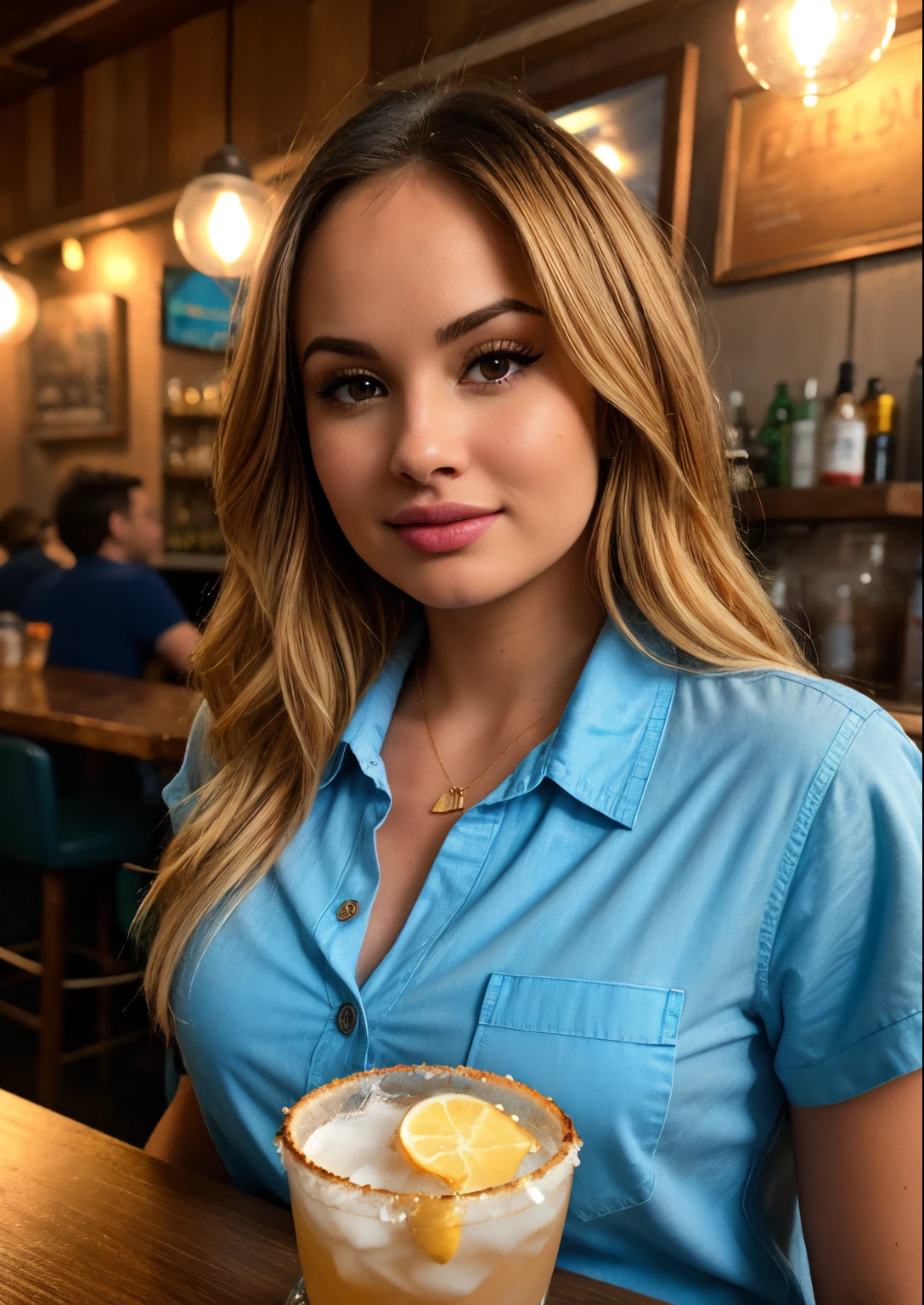 Debby Ryan, Foto de (nk1nsky:0.99), uma mulher bonita, closeup ampliado em retrato de corte apertado, sentado em um (table on a seaside boardwalk cafe bar drinks cocktails:1.2) vestindo um (button-up shirt:1.3) (bebidas na mesa:1.3) (Lighting-Gold:1.2) foreground objects background detail piece of art:1.2) (fotorrealista:1.2) (Bokeh:1.2) (best quality) (color grading) (pele detalhada:1.3) (intrincado) (8k) (HDR) (Cinematic lighting:1.3) (foco nítido)