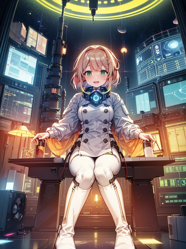 masterpiece:1.4, 1girl in ((20yr old, Wearing a tight, futuristic metallic white bodysuit,long boots, huge-breasted, Colorful blonde hair, Chignon,short-hair, Perfect model body, Green eyes:1.4, Wearing headphones, Flirting, Happy, Looking out the window of the futuristic sci-fi space station、While admiring the beautiful galaxy:1.2, SFSF control room on night background:1.1, Neon and energetic atmosphere:1.2)) ((Galaxy)) ((Solo:1.6))