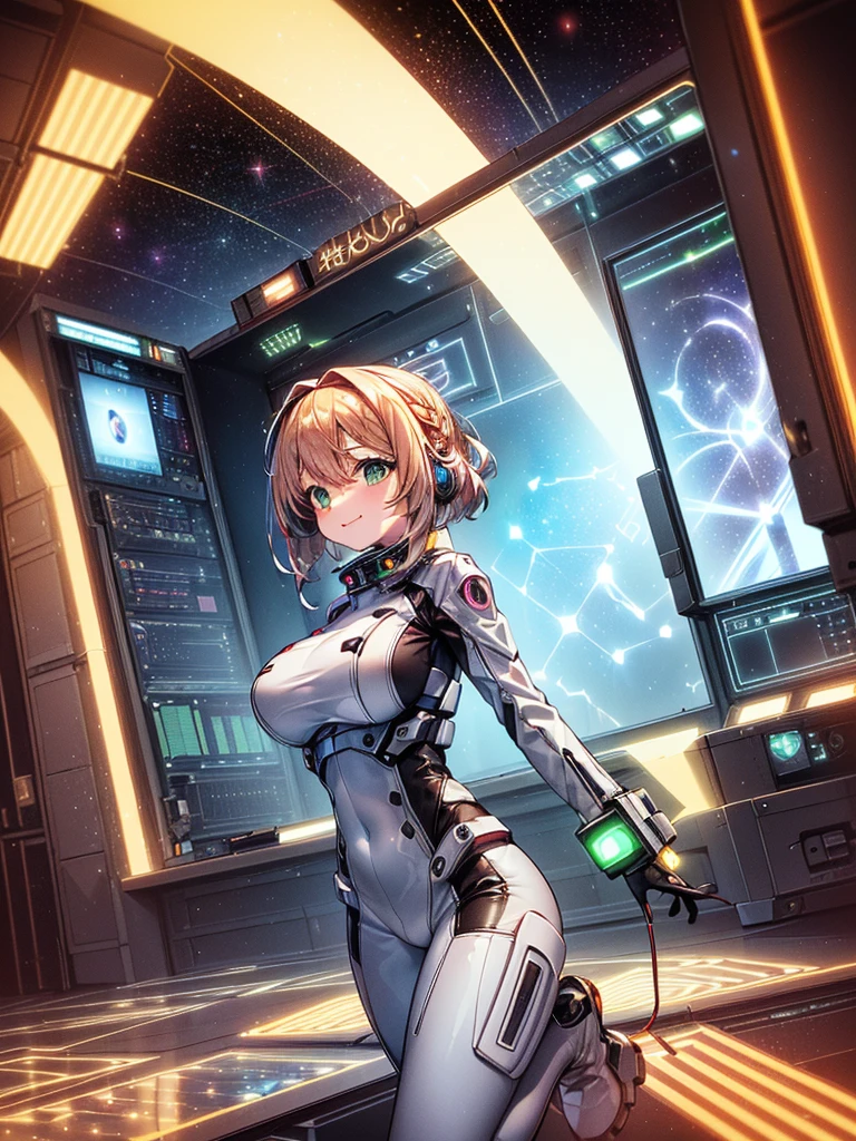 masterpiece:1.4, 1girl in ((20yr old, Wearing a tight, futuristic metallic white bodysuit,long boots, huge-breasted, Colorful blonde hair, Chignon,short-hair, Perfect model body, Green eyes:1.4, Wearing headphones, Flirting, Happy, Looking out the window of the futuristic sci-fi space station、While admiring the beautiful galaxy:1.2, SFSF control room on night background:1.1, Neon and energetic atmosphere:1.2)) ((Galaxy)) ((Solo:1.6))