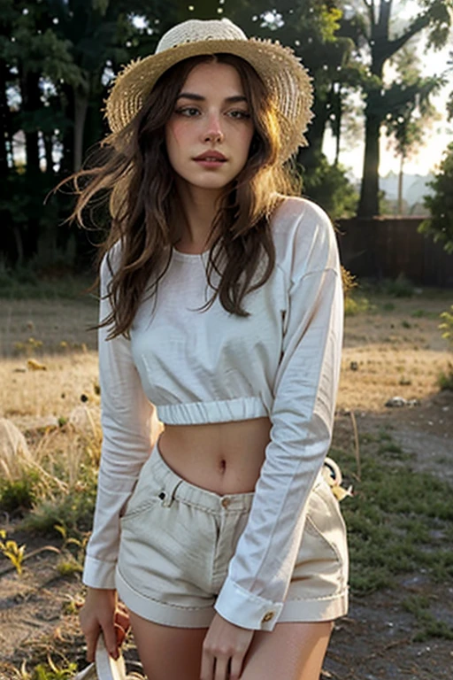 1 woman, beautiful blonde woman, green eyes, shy woman, pale skin, bright eyes, dusty road, flowers in the wind, haze, sweaty, sweat, wet hair, rose petals, beautiful face, sunlit, covered in flowers and petals, God rays, Cozy, wet skin, Morning dew, backlighting, foggy, Golden hour, Morning light, happy mood, alone, field background, Shy, Masterpiece, Best quality, Ultra detailed, alone , smoke, Shadows, contrast, close-up, cinematic light, side lighting, ultra high resolution, Best shadow, .RAW, 4k, sunrise background, ((woman is wearing white linen shorts, long-sleeved cotton blouse beige short, Gray tennis shoes, White straw hat, Beige handbag))
