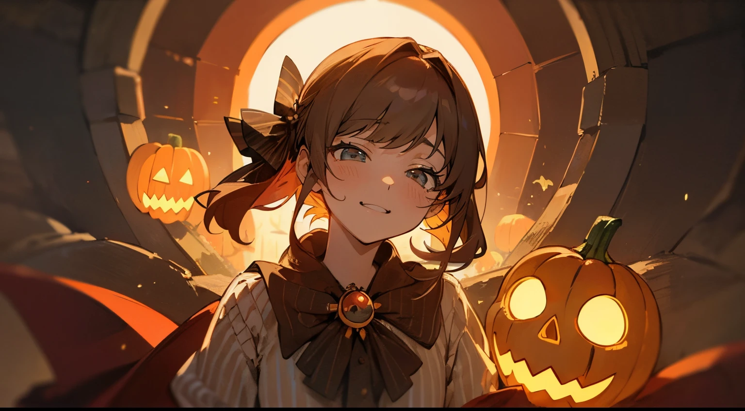 ((tmasterpiece:1.4、topquality)) 、(Close up portrait of smiling 18 year old woman in Halloween costume、The entrance is decorated with pumpkins and other decorations..、smiling and looking at the camera、Bright world、In a monotonous suit with images of ghosts and with a witch&#39;s broom in his hands.、She&#39;s wearing a miniskirt and horizontal striped tights, skull brooch and hair tie..、red eyes without hair、Kawaii、) 、autumn season, in the autumn, autumn season, light, illuminating the front、Bright world、trends, 🍂 Cute, Pumpkin, with veranda, Bright and detailed, Beautiful setting, 🍁 Cute, accurate and detailed, Cottagecore!!, Beautiful aesthetics, Rustic setting, ❤🔥🍄🌪, autumn season, porch、