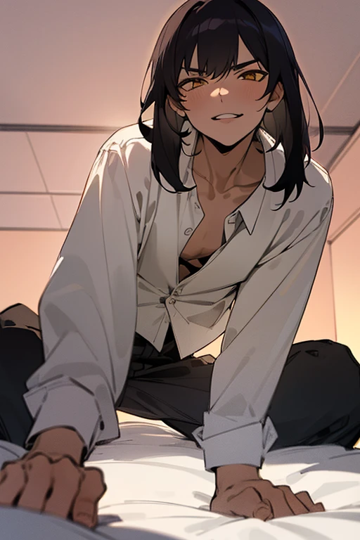 (1 Boy), solo, dark hair, (white shirt), black slacks, on sheets, Long Sleeve Shirts, kneeling, seiza, cool, (sexy:1.3), Fascinating, (evil smile), seductive smile, [open mouth], lick one's lips, (parted lips),collarbone, (shoot from below), (from below:2), sunset,(open collar), tsurime, squinting, Yellow eyes, (background: on bed in bedroom), high quality, high resolution, masterpiece,
