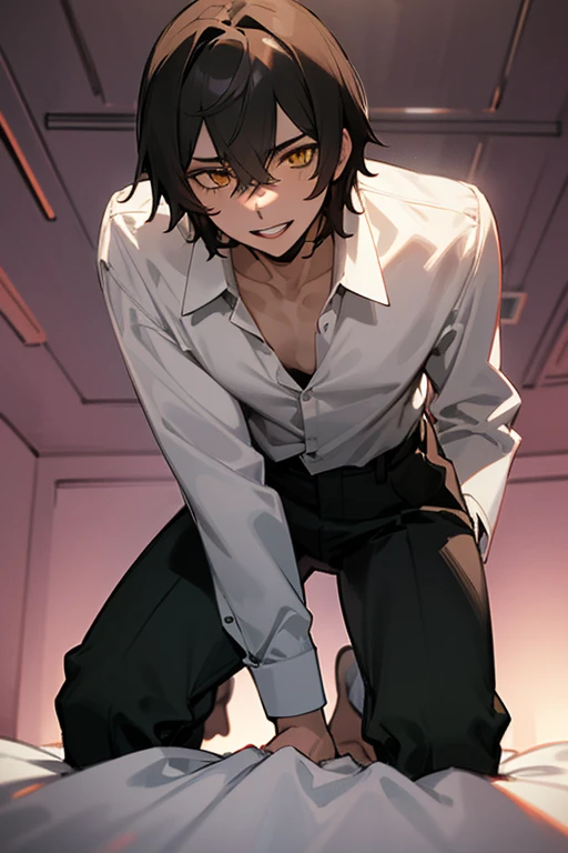 (1 Boy), solo, dark hair, (white shirt), black slacks, on sheets, Long Sleeve Shirts, kneeling, seiza, cool, (sexy:1.3), Fascinating, (evil smile), seductive smile, [open mouth], lick one's lips, (parted lips),collarbone, (shoot from below), (from below:2), sunset,(open collar), tsurime, squinting, Yellow eyes, (background: on bed in bedroom), high quality, high resolution, masterpiece,