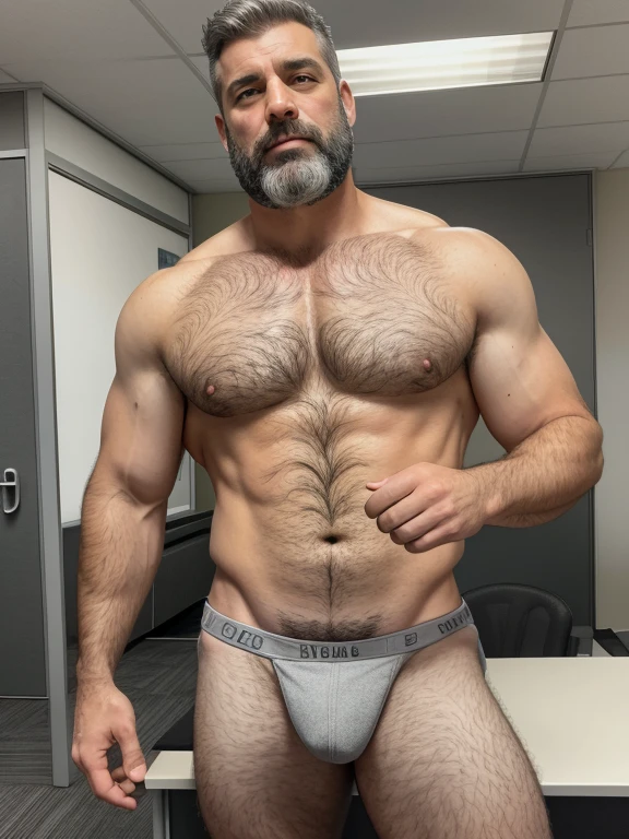 masterpiece, full body, best quality, high resolution, closeup portrait, male focus, solo focus, muscular, burly, hairy, male, (no shirt: 1.2), photo,realistic, detailed background, A handsome man, 45 years old, Grey hair, suit, chest showing, beard, body hair, legs open, office in the background, bright light, amazing composition, front view, HDR, volumetric lighting, ultra quality, elegant, highly detailed