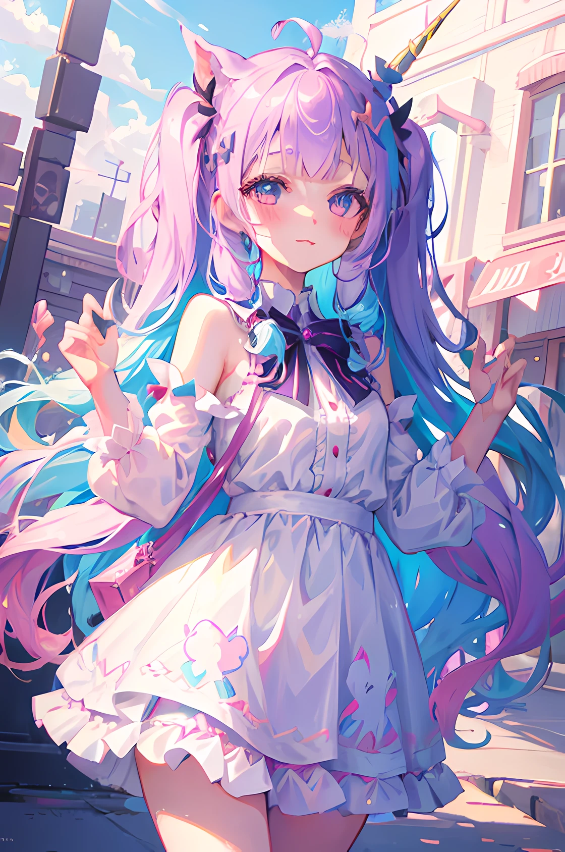 There&#39;sa drawing of a girl, Unicorn Discord PFP, Cute horns, unknown artstyle, by Kanbun Master, melty, sketchy artstyle, Danburu & Artstation, "Uvu - prismatic man, [[[[grinning evily]]]], ribbon in her hair, Pastelwave, Colorful sketch