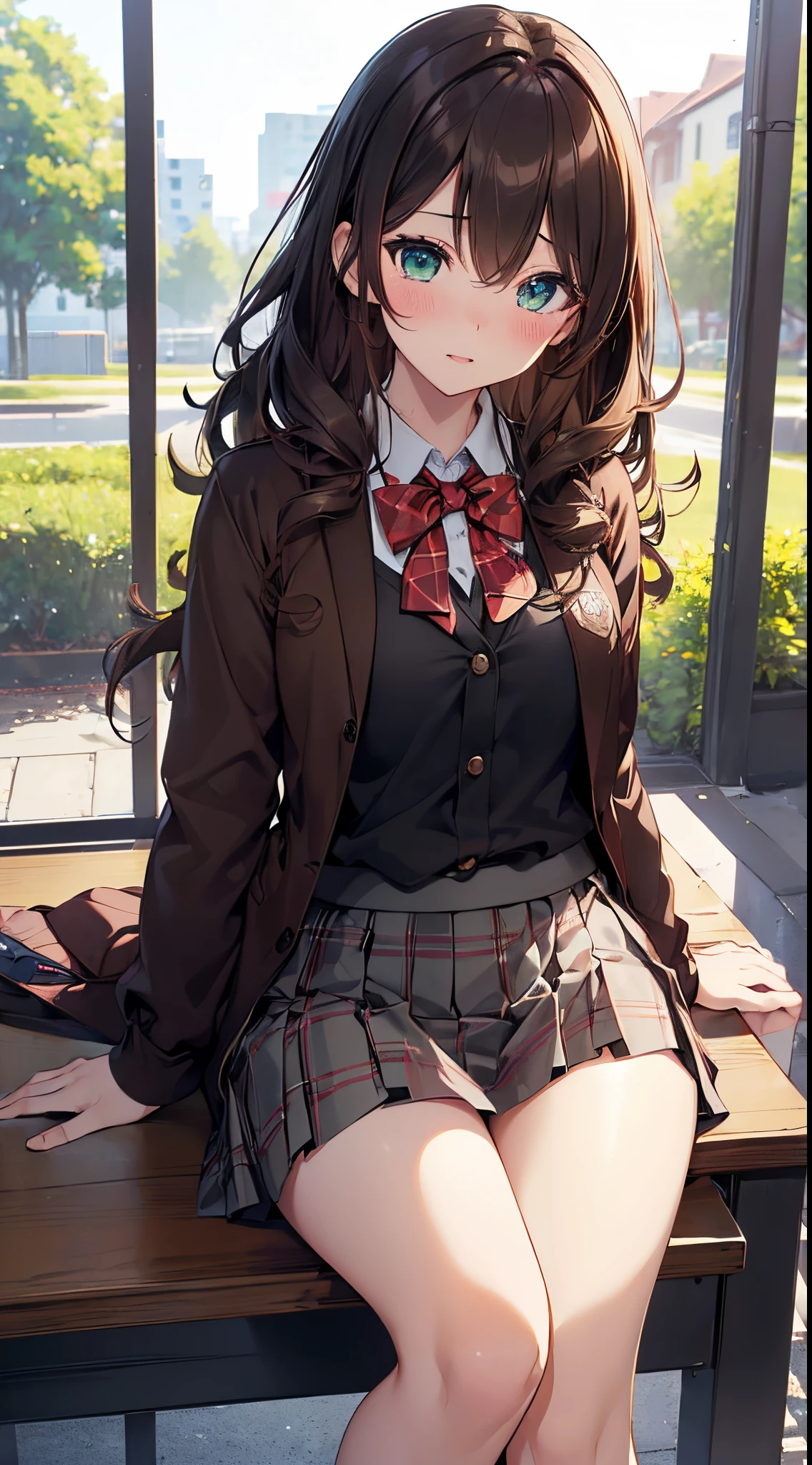 ((masutepiece, Best Quality, hight resolution, nffsw, Perfect Pixel, depth of fields, 4K, nffsw, nffsw))), 1girl in, Single, Solo, Beautiful anime girl, Beautiful Art Style, Anime Character, ((Long hair, Bangs, dark brown hair, Curly hair:0.8)), ((Green eyes:1.4, Detailed eyes, Beautiful eyes, Perfect eyes,Curly eyelashes, Realistic eyes)), ((Detailed face, Blushing:1.2)), ((Smooth texture:0.75, Realistic texture:0.5, Anime CG style)), medium breasts, Dynamic Angle, busty, Perfect body, Dynamic Pose, ((red bowtie, School uniform, Black jacket, Open jacket, Brown cardigan, White shirt, Black skirt, plaid skirts)), Smile, Open mouth, arms behind back, Leaning forward, Amulment Park, ((close up, POV, Cute, Shoot in the face))