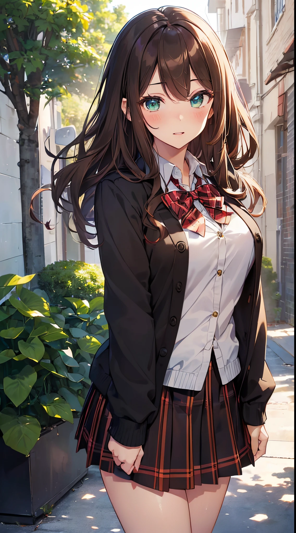 ((masutepiece, Best Quality, hight resolution, nffsw, Perfect Pixel, depth of fields, 4K, nffsw, nffsw))), 1girl in, Single, Solo, Beautiful anime girl, Beautiful Art Style, Anime Character, ((Long hair, Bangs, dark brown hair, Curly hair:0.8)), ((Green eyes:1.4, Detailed eyes, Beautiful eyes, Perfect eyes,Curly eyelashes, Realistic eyes)), ((Detailed face, Blushing:1.2)), ((Smooth texture:0.75, Realistic texture:0.5, Anime CG style)), medium breasts, Dynamic Angle, busty, Perfect body, Dynamic Pose, ((red bowtie, School uniform, Black jacket, Open jacket, Brown cardigan, White shirt, Black skirt, plaid skirts)), Smile, Open mouth, arms behind back, Leaning forward, Amulment Park, ((close up, POV, Cute, Shoot in the face))