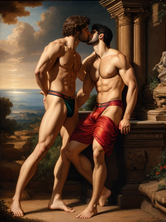 full body, Oil painting Renaissance style, two attractive youthful ((Italian men kissing)), Italian, man, mythology, perfect composition, golden ratio, abs, chest, centered, full body, perfect composition, ((red Briefs, big Bulge)), by Alexandre Cabanel, landscape background