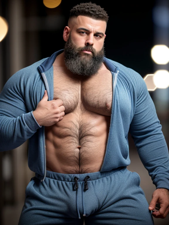 destroyed jeans, photo of muscular bearded (man) in a worn ((skin-revealing skimpy erotic blue tracksuit, massive hairy pecig pecs, big arms, large bulge, ((light bokeh)), intricaeel metal [rusegant, erotic, exuding sexual energy, homoerotic, sharp focus, photo by greg rutkowski, soft lighting, vibrant colorasterpiece), ((streets)), (detailed face)