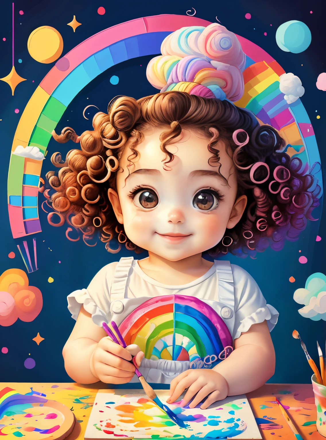(cute baby girl with curly hair smiling with a paintbrush painting a rainbow), Munchkin ,Geometric multidimensional wall portrait, livro de arte, Tchibi,
Yang08k, Beautiful, Colouring,
Obras, of the highest quality, best quality, Arte Oficial, Beautiful and Aesthetic,