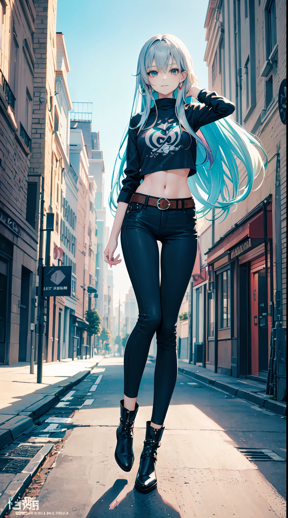 1girl, anime style, skinny body, a shacket, skinny jeans pants with belt, combat boots, long light teal hair, long silver hair, multicolored hair, green eyes colour, smile, pose picture of her cute pose, straight on street of towers, anime art wallpaper, detailed, 8k, high quality