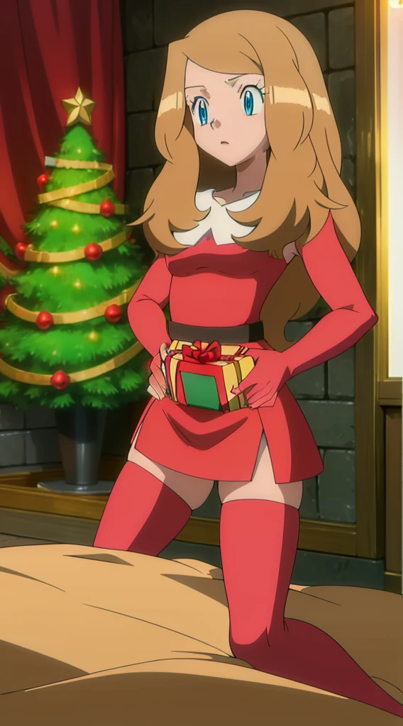 masterpiece, best quality, 1 solo girl, dark brown hair, blue eyes, straight hair, wavy hair, Christmas ornaments, medium breasts, mature body and face, red Santa dress, Christmas, Christmas light, Christmas tree, red gloves, red Santa skirt, holding gift, red bra, red panty, leg up, cowboy shots, sexy pose, dakimakura, detailed body, face, and eyes, sharp focus, vibrant, creative, dynamic, high definition, high resolution, 8k, (Upscale: R-ESRGAN 4x+ Anime6mage enchance:4x), voluptuous body