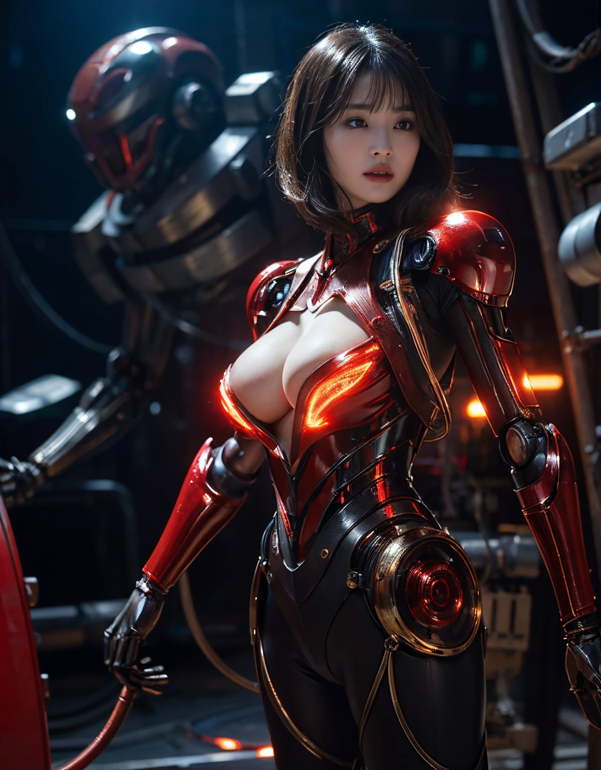 (One highly exposed mechanical girl and the alien background)、(Mystical expression)、top-quality、masterpiece、超A high resolution、(Photorealsitic:1.4)、Raw photo、1人、glowy skin、(((1 Mechanical Girl)))、(Red Metal Bodysuit)、(Natural alien background to fight aliens)、(Small LED)、((super realistic details))、vertical giant monster background),globalillumination、Shadow、octan render、8K、ultrasharp、Robot background、Colossal tits、Raw skin exposed in the cleavage、red metal、Details of complex ornaments、Japan details、highly intricate detail、Realistic light、(Mystical expression),CG Society Trenlow Eyes、Eyes shining towards the camera、Mechanical marginal blood vessels connected to neon detail tubes)、(Wires and cables connecting to the head)、Small LED、,Mechanical thighs、Toostock、(Hands are also made of machines)、机器人、future alien、Please wear a mechanical helmet、