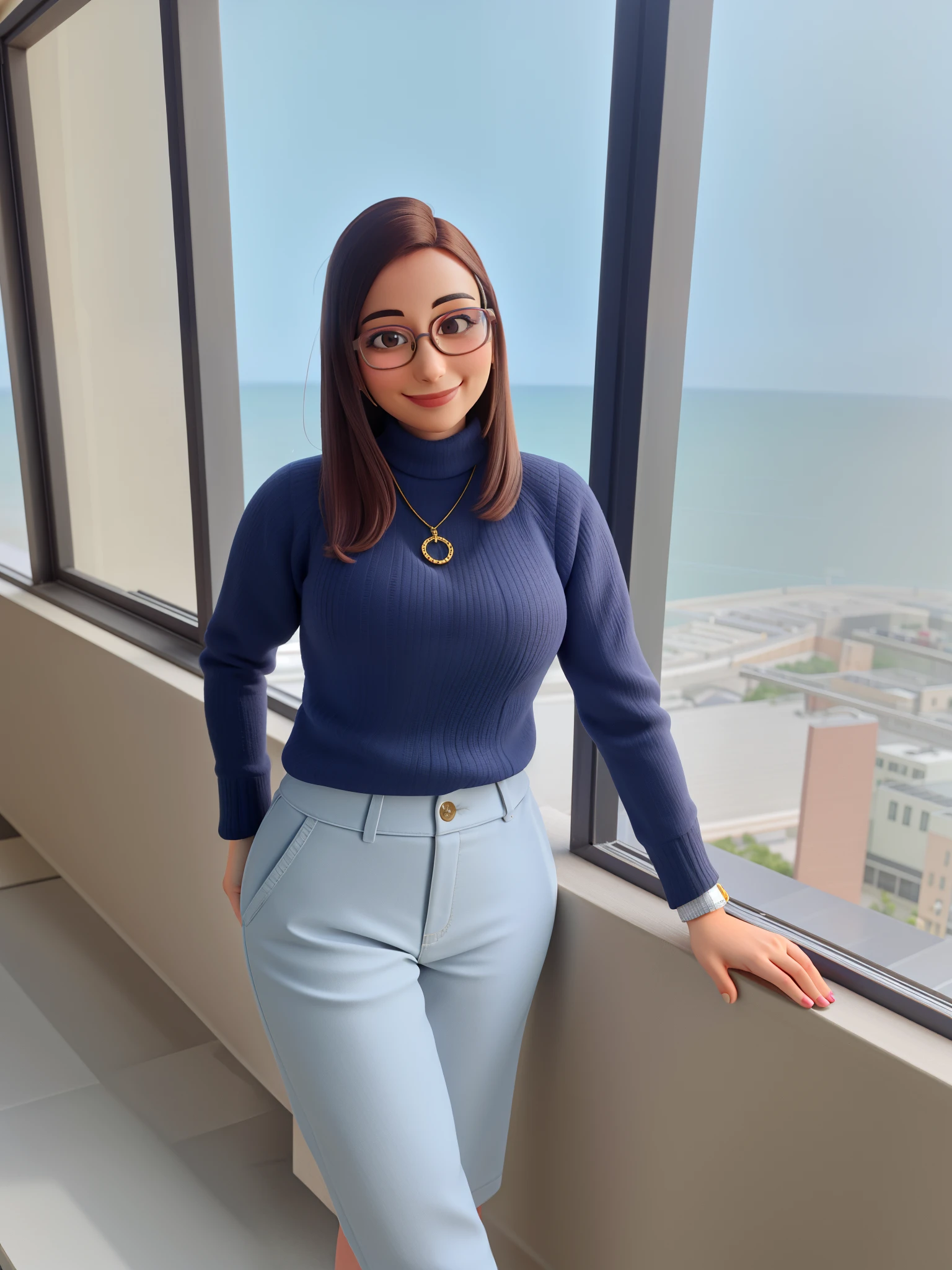 A beautiful woman with glasses smiling, face details