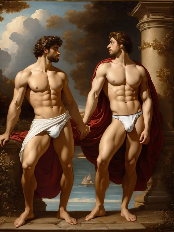 full body, Oil painting Renaissance style, two attractive youthful ((Italian men kissing)), Italian, man, mythology, perfect composition, golden ratio, abs, chest, centered, full body, perfect composition, ((white Briefs, big Bulge)), by Alexandre Cabanel, landscape background