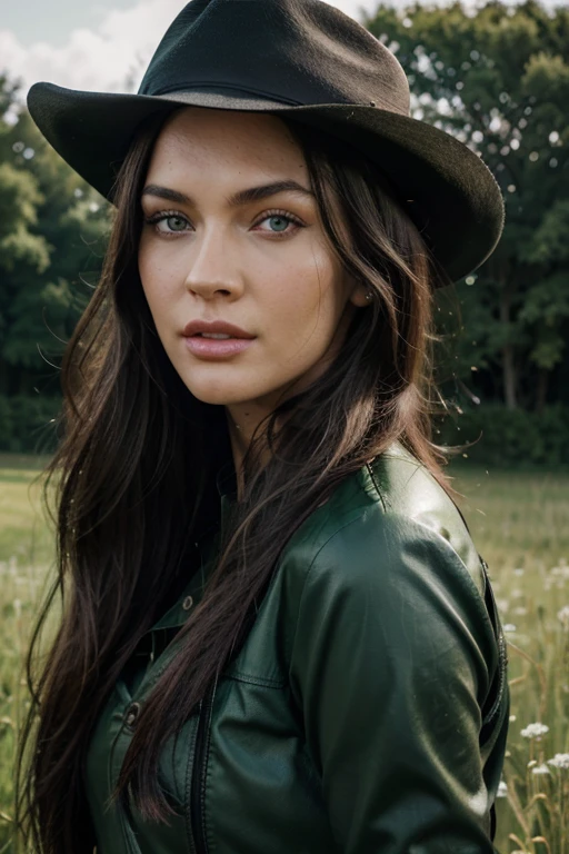 a woman with long black hair and green eyes with horses in field wearing cowboy boots and hat, with green eyes, with stunning green eyes, keine Falten, Modelgesicht wie Megan Fox, Ultrarealistische digitale Malerei, Hyperrealistische digitale Malerei, Ultrarealistische digitale Kunst, Hyperrealistische digitale Malerei, Ultrarealistische digitale Kunst, with deep green eyes, Ultrarealistische digitale Kunst, with green eyes, Genau, ultrarealistische Gesichter, Realistische digitale Malerei, mit schwarzbraunen Haaren, definierte Gesichtsturktur, texturierte Haut, spitzes Kinn, hohe Wangenknochen, feine Nase, Clubszene
