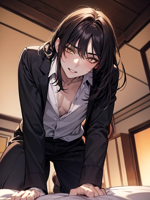 (1 Boy), solo, dark hair, (white shirt), black slacks, on sheets, Long Sleeve Shirts, kneeling, seiza, cool, (sexy:1.3), Fascinating, (evil smile), seductive smile, [open mouth], {lick one's lips}, (parted lips),collarbone, (shoot from below), (from below:2), sunset,(open collar), tsurime, squinting, Yellow eyes, (background: on bed in bedroom), high quality, high resolution, masterpiece,