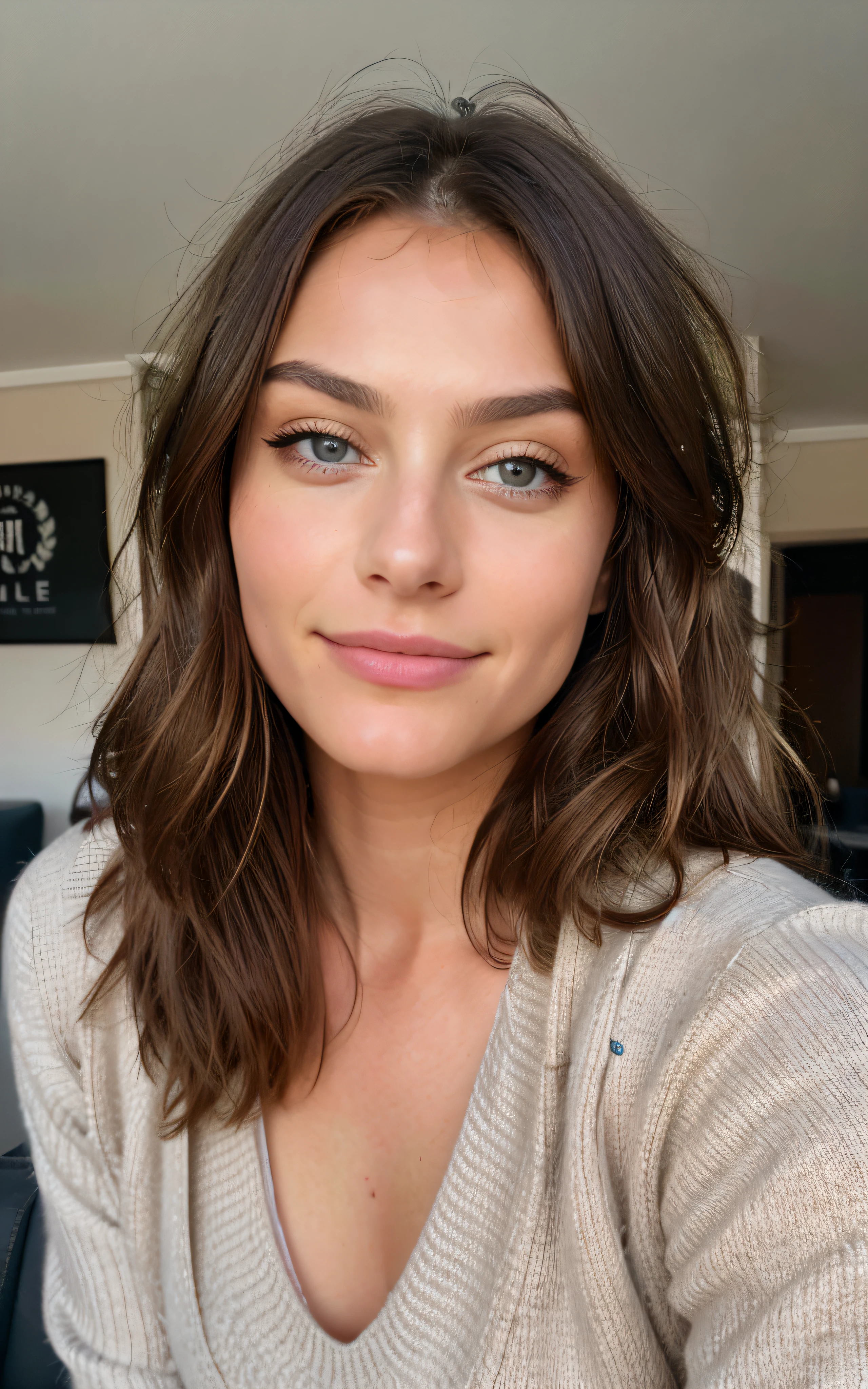 Beautiful brunette with blonde highlights wearing a beige sweater (in a café drinking soda), Very detailed, 22 anos, Rosto inocente, cabelos ondulados naturais, olhos azuis, high resolution, master part, best quality, Alto detalhe intrincado, altamente detalhado, Crisp Focus, pele detalhada, textura de pele realista, textura, olhos detalhados, profissional, 4k, sorriso encantador, filmado na Canon, 85 millimeters, profundidade de campo rasa, Cor Kodak Vision, corpo de ajuste perfeito, extremamente detalhado, fotografia_\(Ultra\), photoreallistic, Realista, Post-processing, maximum details, rugosidade, vida real, Ultra realista, fotorrealismo, fotografia, 8k UHD, fotografia