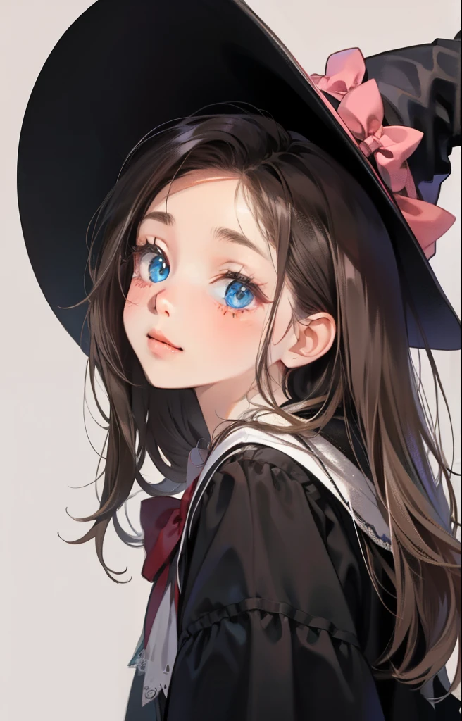 Girl with、Background White、No backstory、dark-haired、long haired、with blush on the cheeks、embarrassing、witchy、magic、black pointed hat、frilld、bow ribbon、Kawaii、No backstory