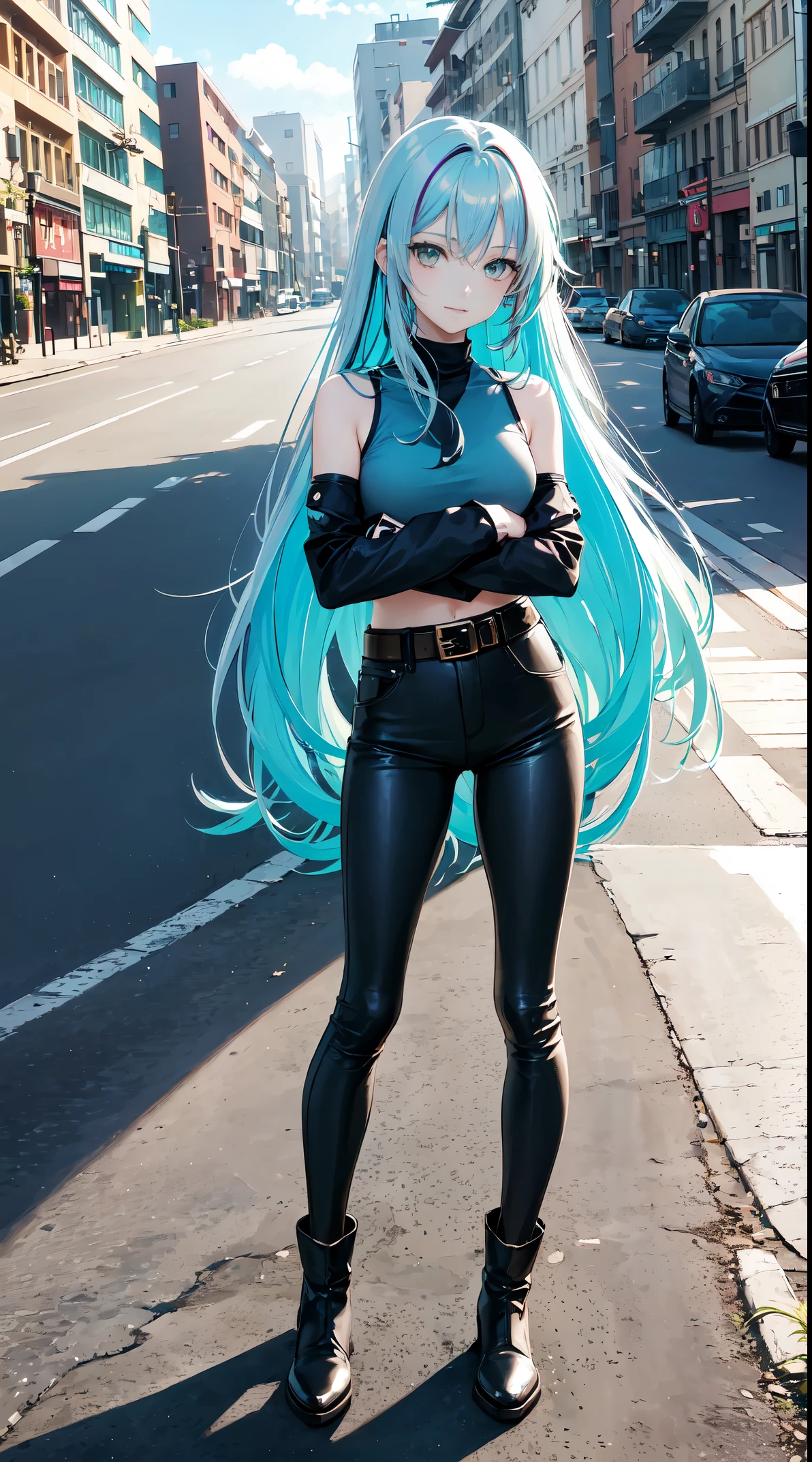 1girl, anime style, skinny body, a shacket, skinny jeans pants with belt, combat boots, long light teal hair, long silver hair, multicolored hair, green eyes colour, smile, pose picture of her cute pose, straight on street of towers, anime art wallpaper, detailed, 8k, high quality
