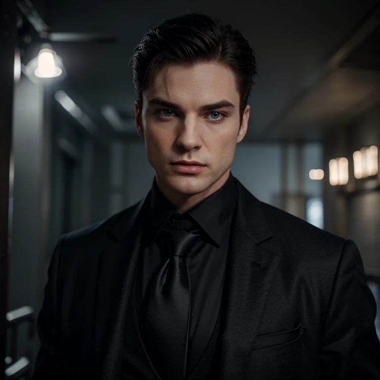 A tall youthful male vampire with a lean build possesses piercing, mesmerizing eyes that command attention. His well-defined, strong jawline exudes both strength and charisma, harmonizing with a balanced and symmetrical facial structure. Sporting a formal and authoritative demeanor, he wears a tailored three-piece suit with a tie,paired with a black overcoat that conveys a sense of authority and power. His blue intense eyes, intensify the cold, calculating look on his face. Complementing this, he maintains a side-parted, short, well-groomed hairstyle. Edward Cullen’s mannerism and facial features